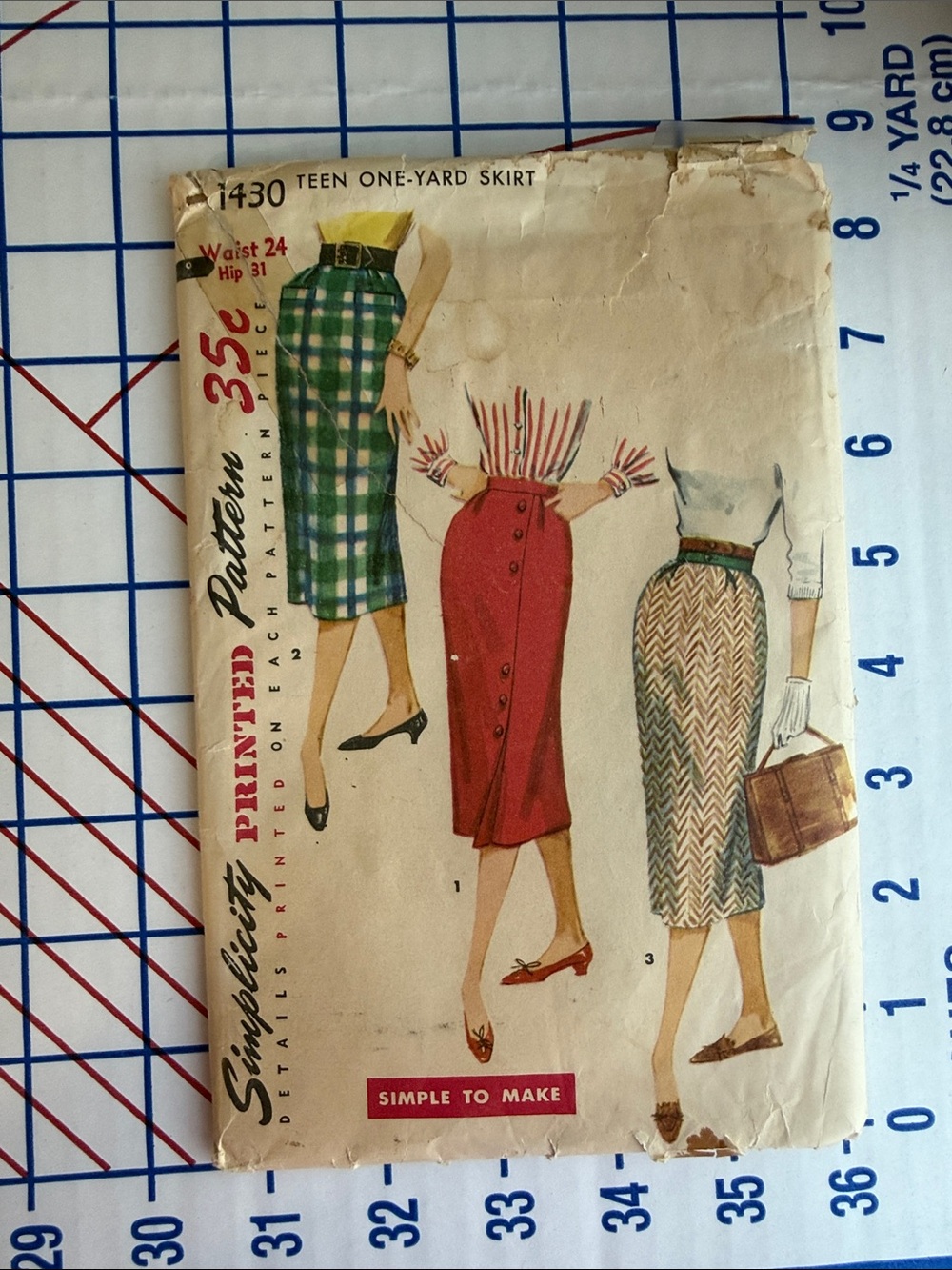 Vintage 1950s Simplicity 1430 Teen One-Yard Pencil Skirt Sewing Pattern Waist 24